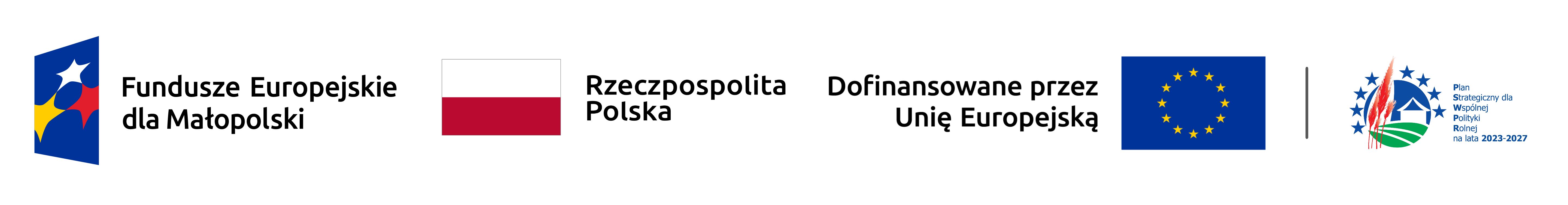 Logotypy Partnerów - Fundusze Europejskie dla Małopolski, Rzeczpospolita Polska, Dofinansowane przez Unię Europejską, Plan Strategiczny Dla Wspólnej Polityki Rolnej na Lata 2023-2027