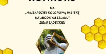 Ilustracja z nazwą konkursu i zdjęciem pszczelarza
